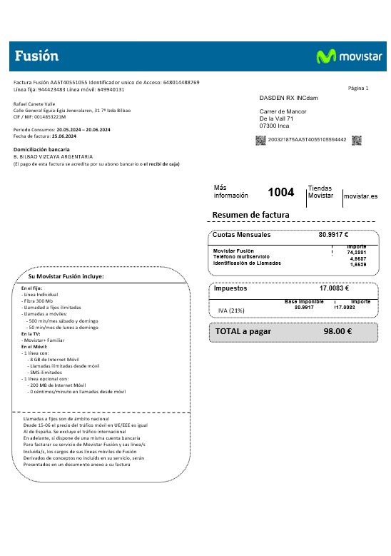 Spain Movistar Fusion telecom operator business utility bill document in Word and PDF formats